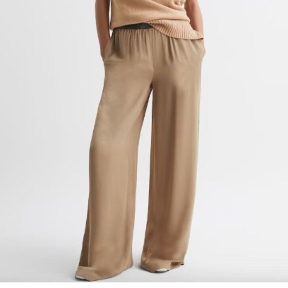 REISS Gem Wide Leg Elasticated Trousers in Camel